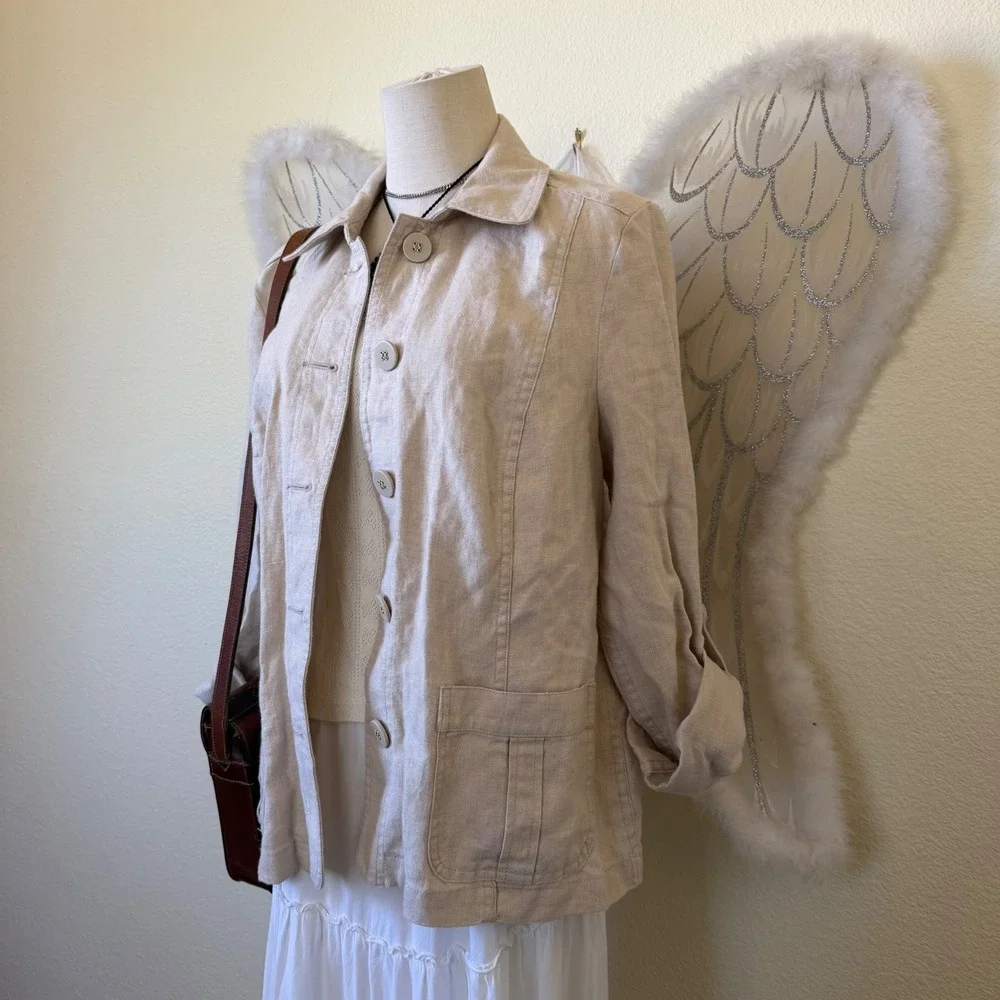 Beige‎ 100% Linen Button Up Utility Safari Jacket Neutral Earthy Shacket